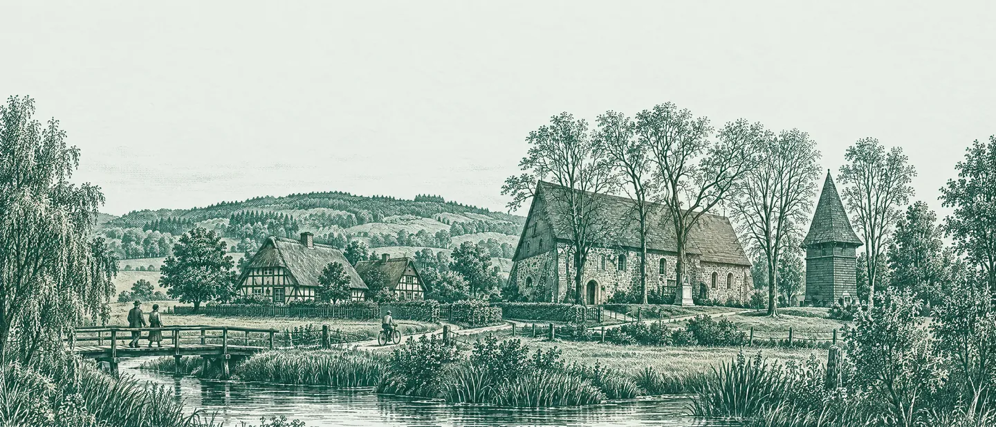 Gezeichnete Landschaft in Seevetal: die Seeve mit Holzsteg, Fachwerkhöfe und die Hittfelder St.-Mauritius-Kirche mit Glockenturm